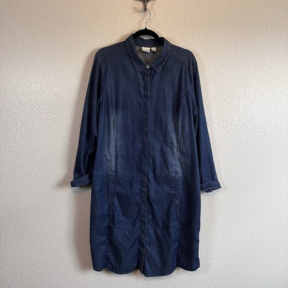 Chico's Denim Dress 3 XL Blue Jean Lyocell Chambray Long Sleeve Pockets Coastal - Picture 1 of 10